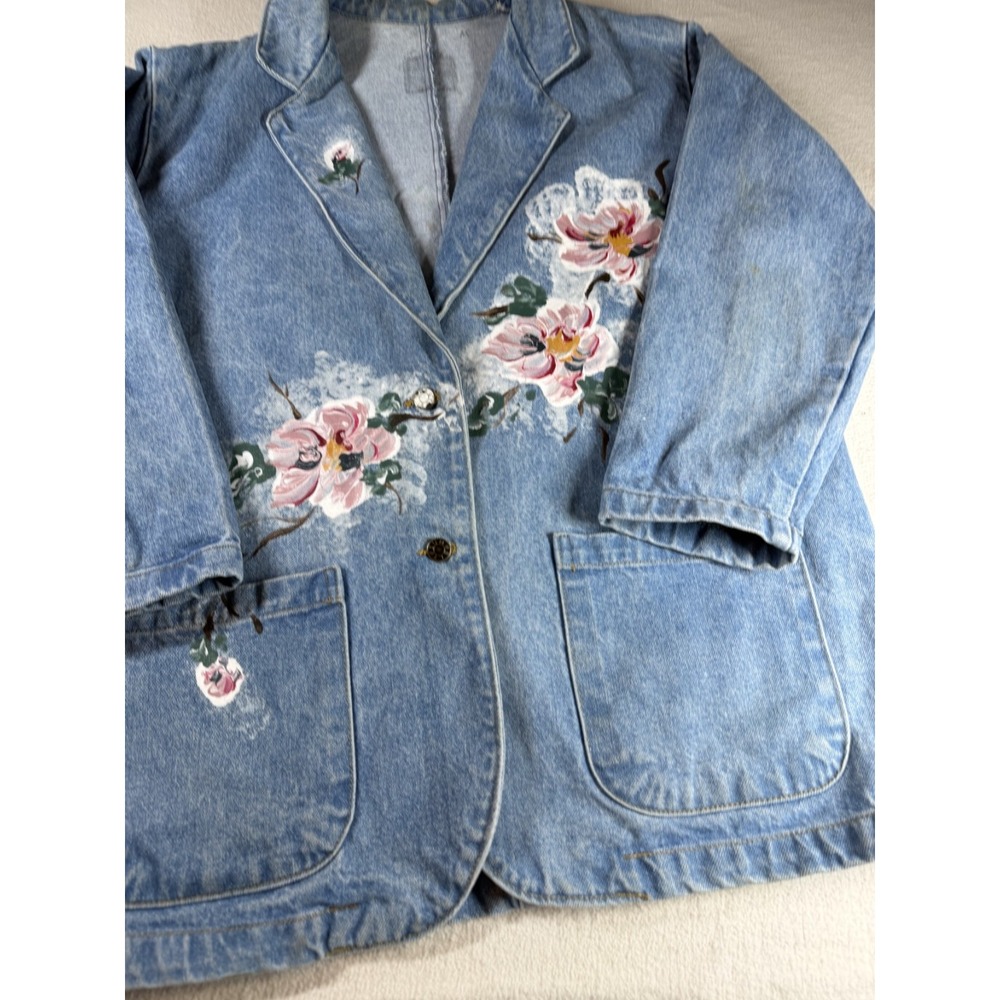 Vintage 80s Hand Painted Floral Denim Blazer Womens L-XL Rose Jean Jacket Boho